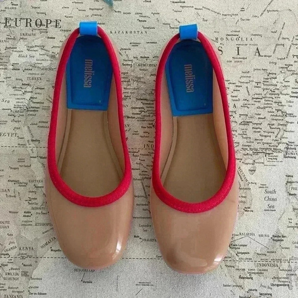 Mini Melissa Lance AD BEIGE/RED/BLUE Ballet Flats Size 7 - Picture 1 of 10